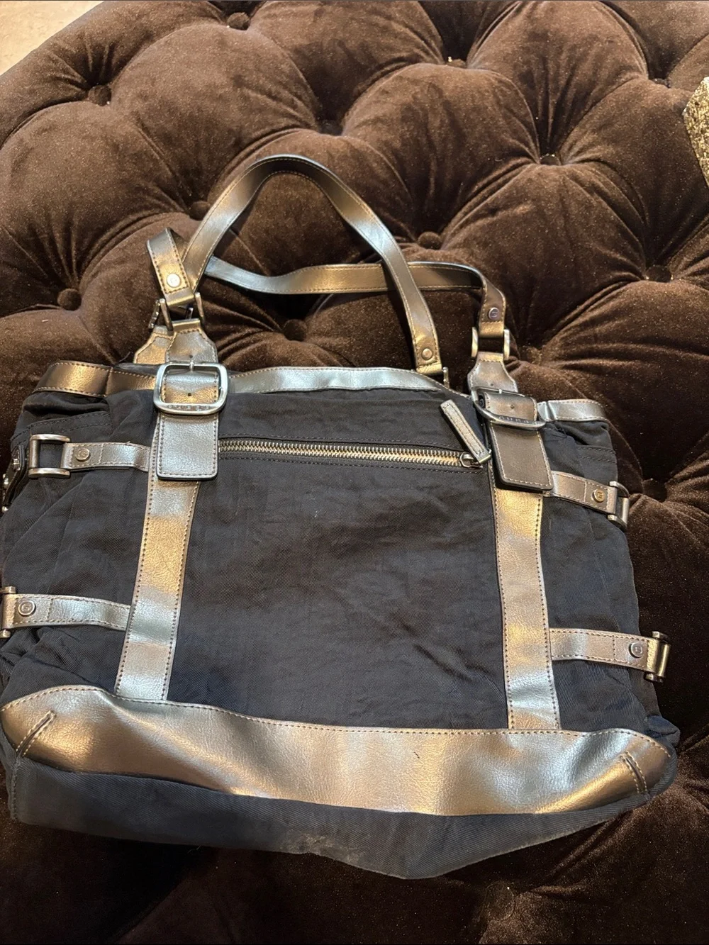 Guess Black Duffel Tote with Metallic Silver Accents